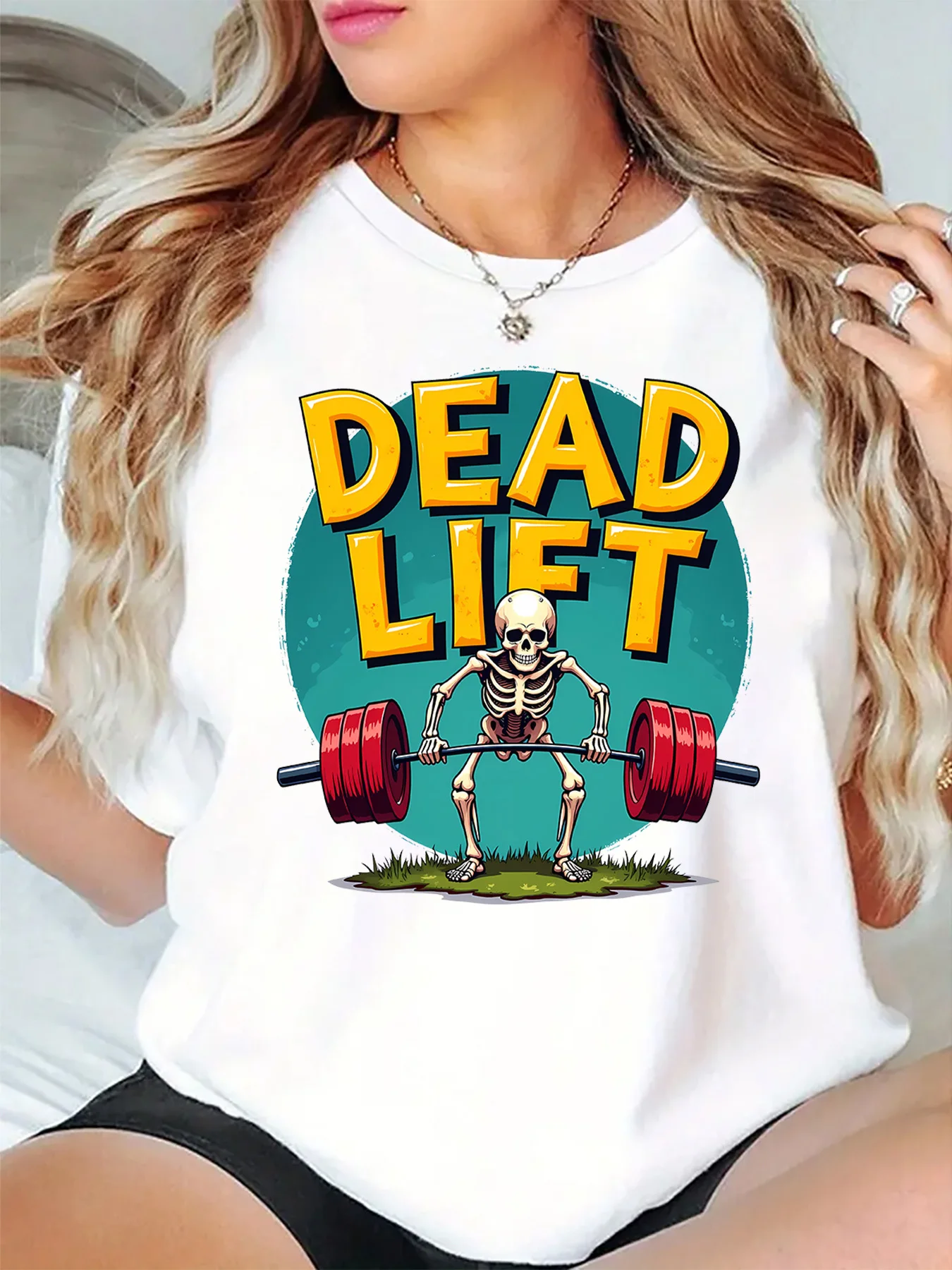 Cute Dead Lift Skeleton Lifting Barbell Grass Cartoon Art Print Graphic Ladies T Shirt Short Sleeve Crew Neck Casual Tee Tops