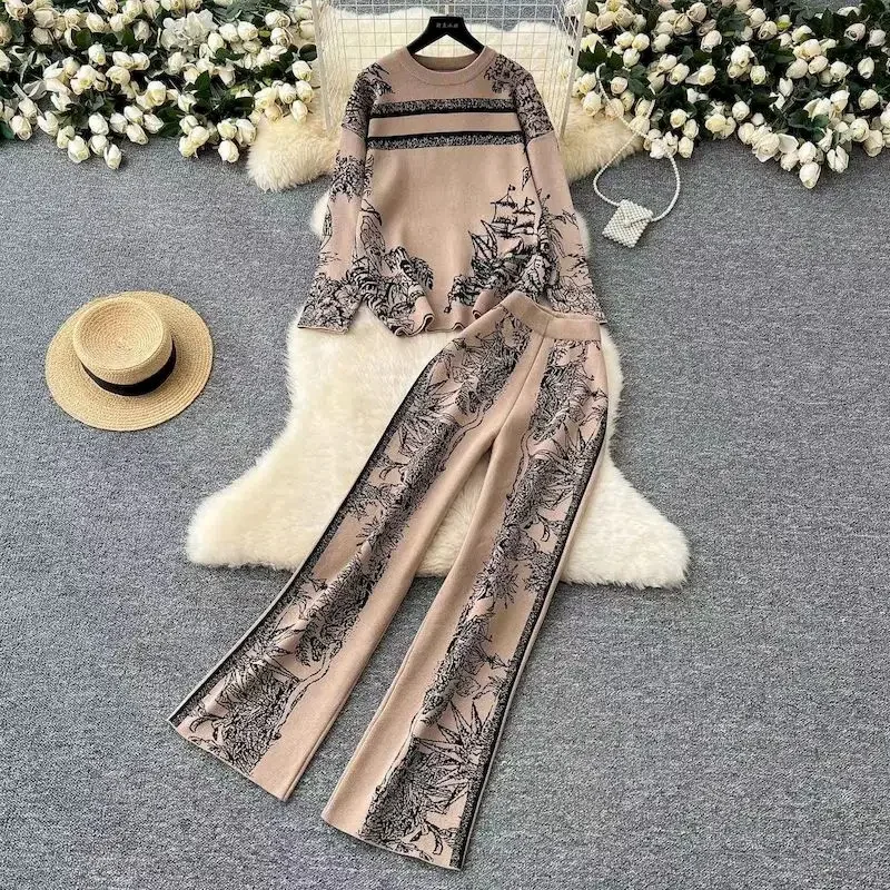 Elegant Printed 2 Piece Sets Women High Street Knitted Sweater and Wide Leg Pants Suit Female Korean Matching Set Autumn Winter