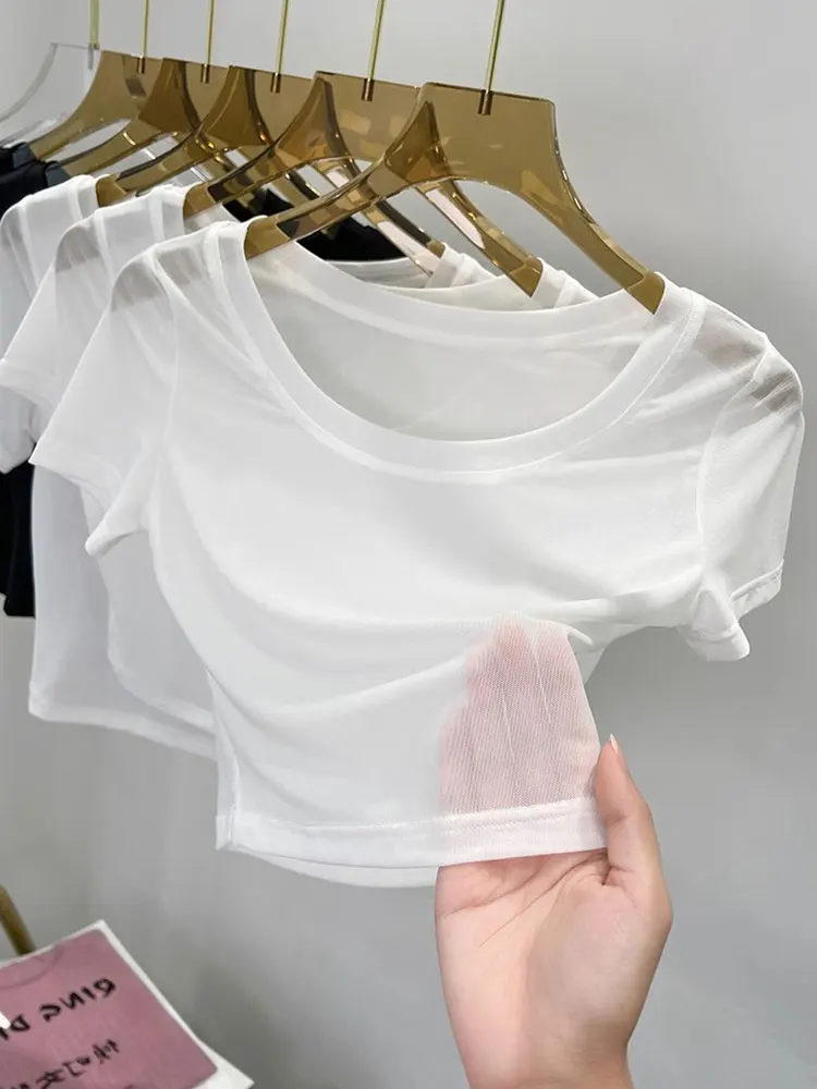 White Ice Silk Short Sleeve T-Shirt Women's Inner Wear Underdress Transparent Mesh Cover up Summer Commute Style Slim Fit
