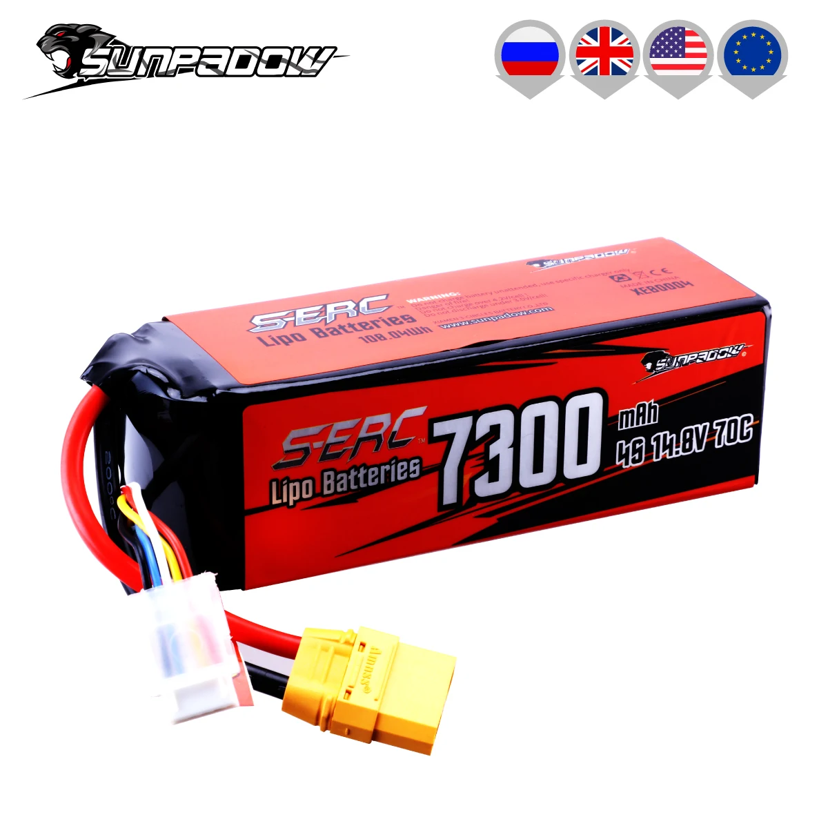 SUNPADOW 4S 14.8V Lipo Battery 7300mAh 70C Soft Pack with XT90 Plug for RC Vehicles Buggy Truggy Crawler Monster Truck Car Hobby