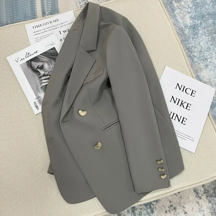 2024 Spring And Autumn New Versatile Fashion Gray Suit Women\'s Loose Fashion Mid Length Flip Collar Coat