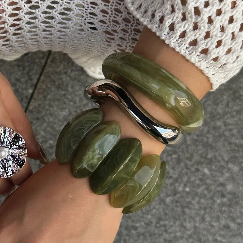 KMVEXO Vintage Boho Punk Green Thick Resin Acrylic Smudging Bangles Geometric Irregular Bangle Bracelets For Women Men Jewelry