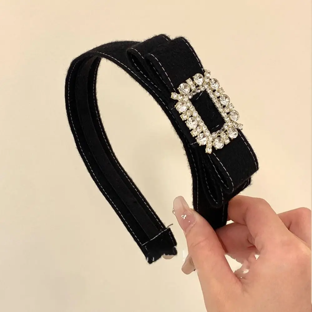 

Korean Style Rhinestone Bow Headband Vintage Non-Slip Wide Edge Hairband Hair Accessory Headwear Flocking Hair Hoop Daily