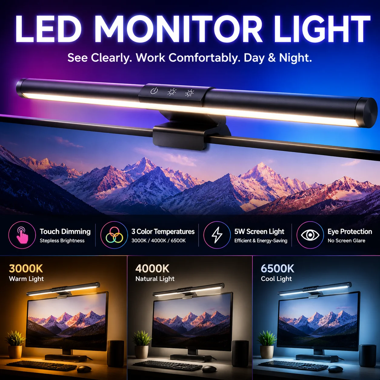 Barre lumineuse LED pour moniteur RGB/3 couleurs, lampe de bureau à intensité variable, barre lumineuse pour écran d'ordinateur, lampe suspendue pour écran, lampe de table tactile, décoration