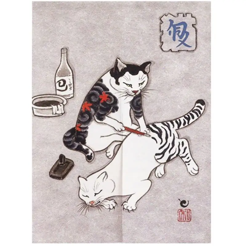 Ukiyo-e Door Curtain, Cat Koi Waves Noren Half Curtain, Privacy Room Divider For Kitchen Restaurant, Aesthetic Home Decor