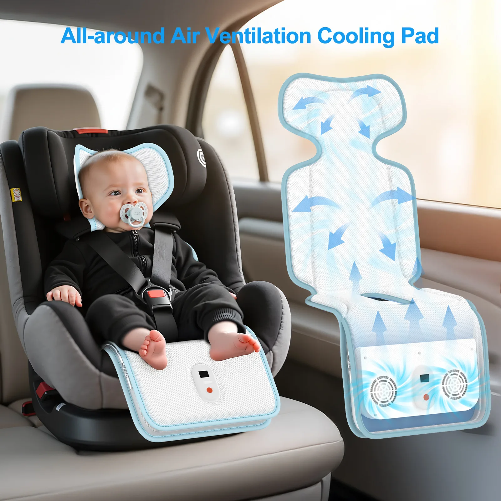 

External Power Bank USB Charging Removable Silent Fan Ventilation Cover Ice Silk Baby Stroller Cover Cool Car Safety Seat Cover