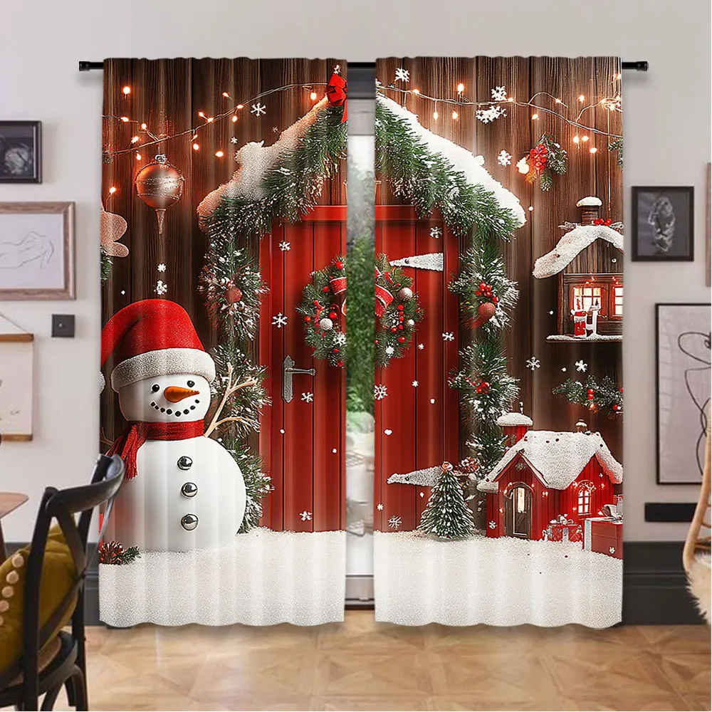 2Pcs Christmas Country Vintage Curtain Wooden Barn Door Farmhouse Decor Suitable For Living Room Bedroom Kitchen And Bathroom