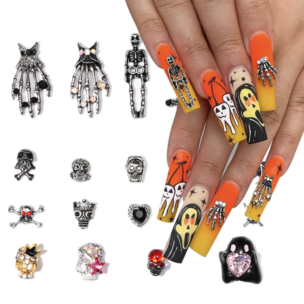 Metal Bone Skeleton Charms for Halloween Punk  Alloy 10pcs Skull Spider Cross Rhinestone Nail Decoration Charms DIY 2023