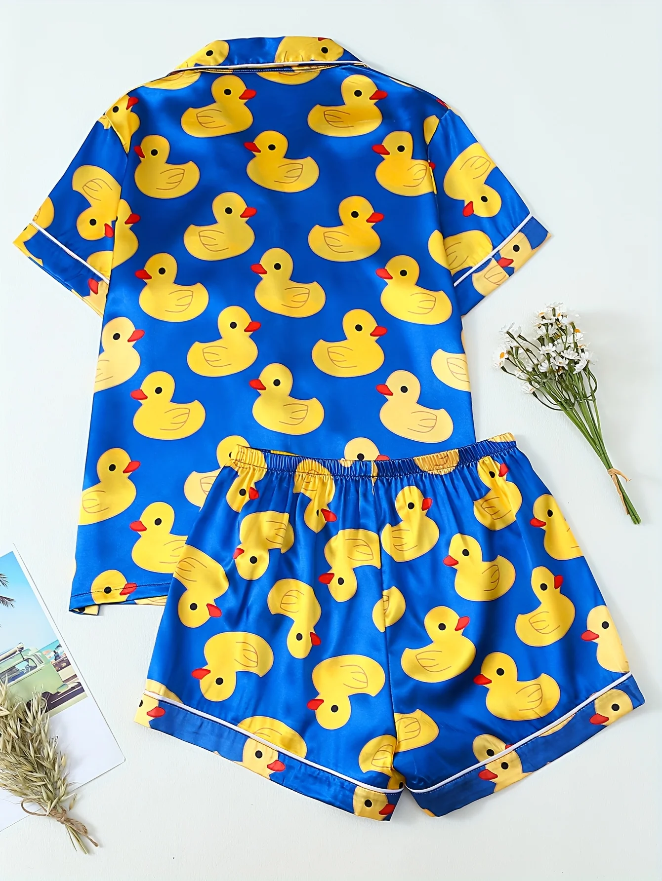 Yellow Duck 3D Printed Children's Adult Pajama Set with Collar, Short Sleeve Button, Summer Casual Wear, Quick Drying Pajama