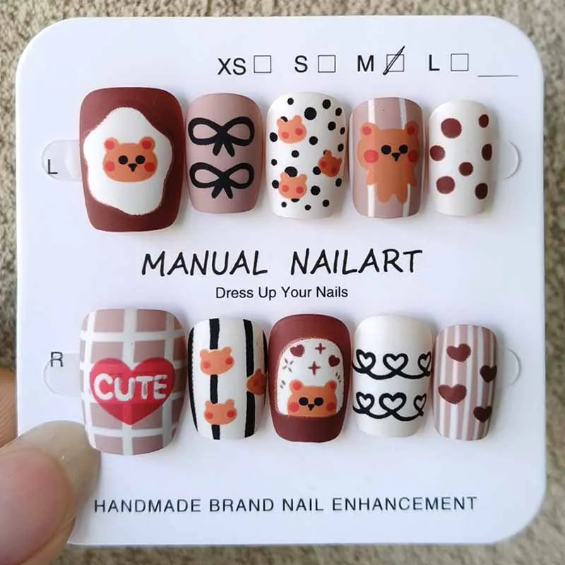 10Pcs Autumn and Winter Nail Art Maillard Press on Nails Cute Cartoon Frosted Raccoon Oil Painting Cat Nail Patch Nail Slices view 4
