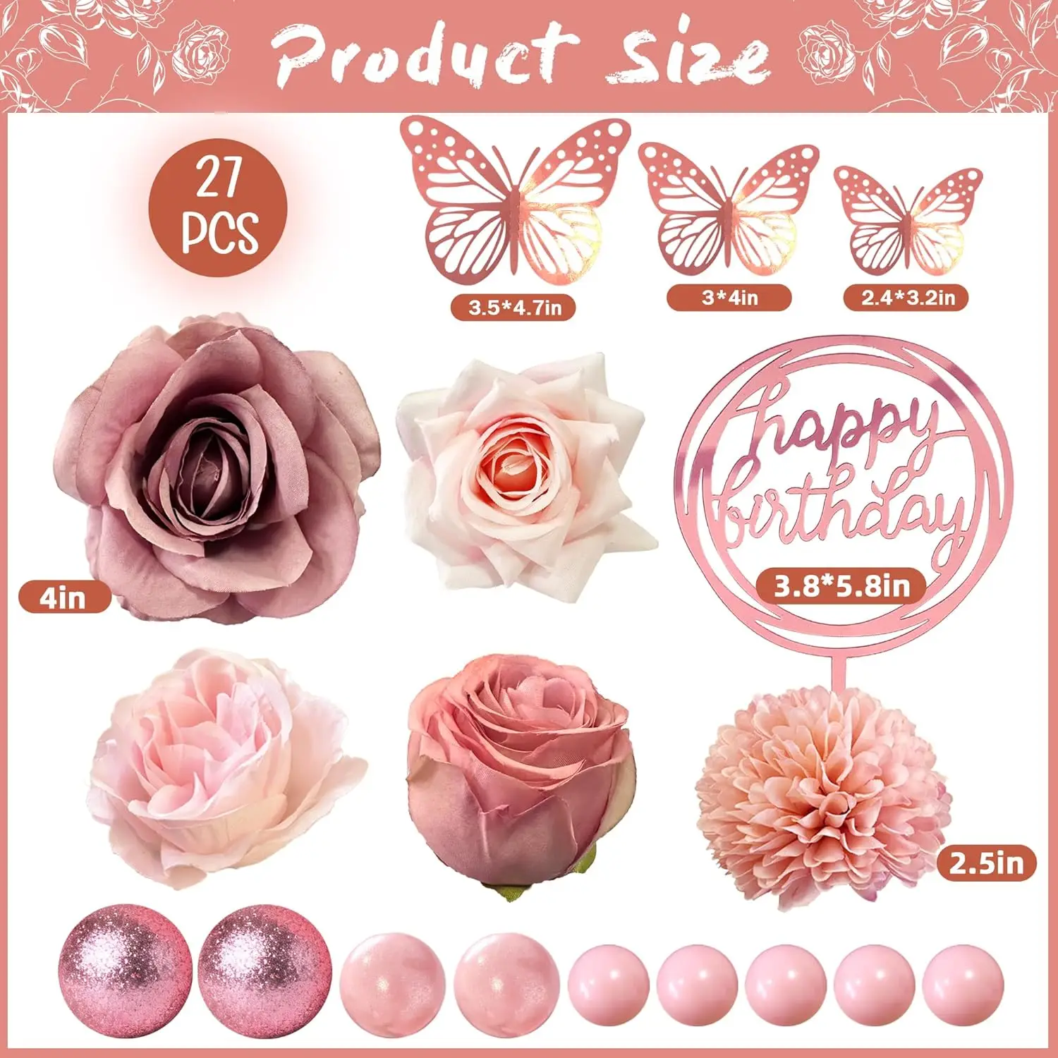 Blumen-Kuchenaufsätze, alles Gute zum Geburtstag, Kuchendekorationen mit Blumen, Schmetterlingskugeln für Hochzeit, Babyparty, Geburtstagsparty-Zubehör – Detail 2