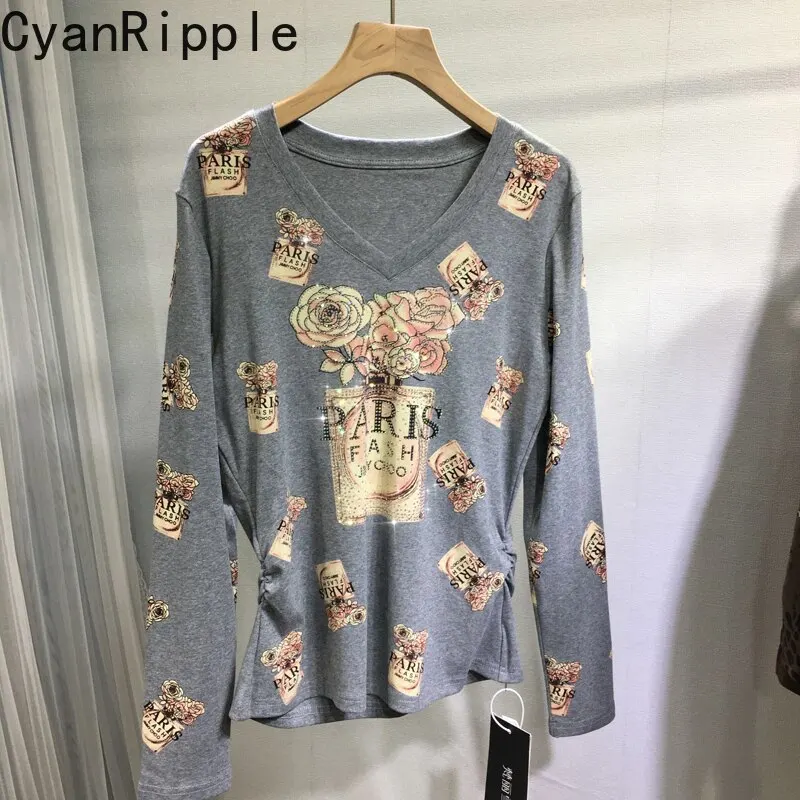 Fashion Lady New Autumn Winter Gray Long Sleeve T-shirt All-match V-neck Pullover Top Large Size Rose Hot Diamonds Basic Tees