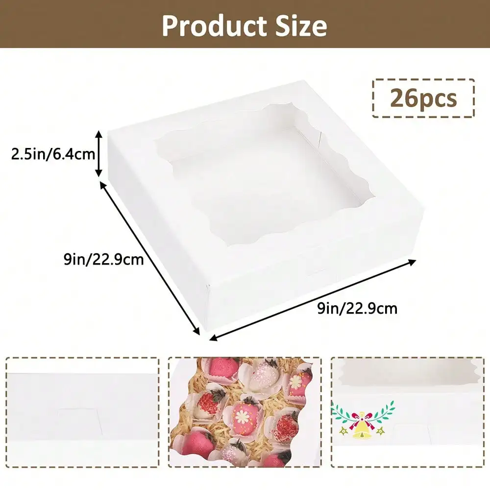 Superlele 26/52 قطعة 9x9x2.5 بوصة صناديق فطيرة مع نافذة - صناديق حلوى المخابز/الكوكي للهالوين/عيد الحب