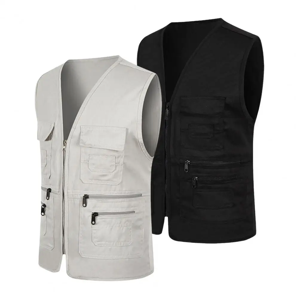 Multi-pocket Vest Men's Summer Cargo Waistcoat with Multi Pockets Zipper Placket V-neck Sleeveless Sports Vest for Safety