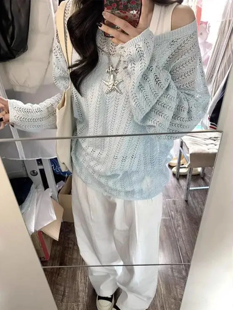 Blue Hollow Out Knitted Pullover Women 2026 Spring Summer Loose Sun Protection Long Sleeve Tops Simple Y2k Thin Sweater