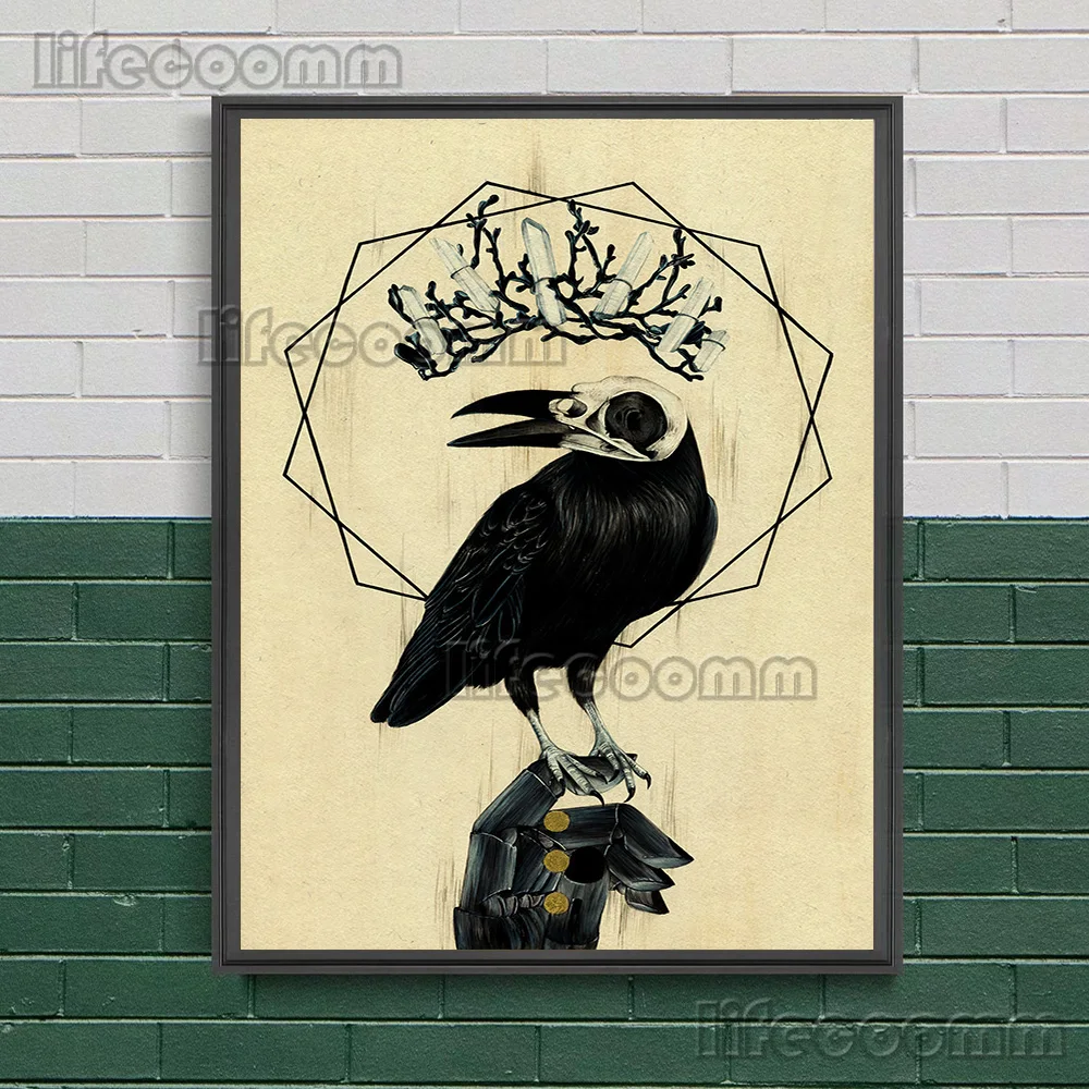 الساحرة غامض أسود أبيض الغراب الرموز خطوط هندسية ، جدار الفن قماش الطباعة ، العث والخفافيش القوطية ، الفن الحديث ، ديكور طباعة الملصق #5