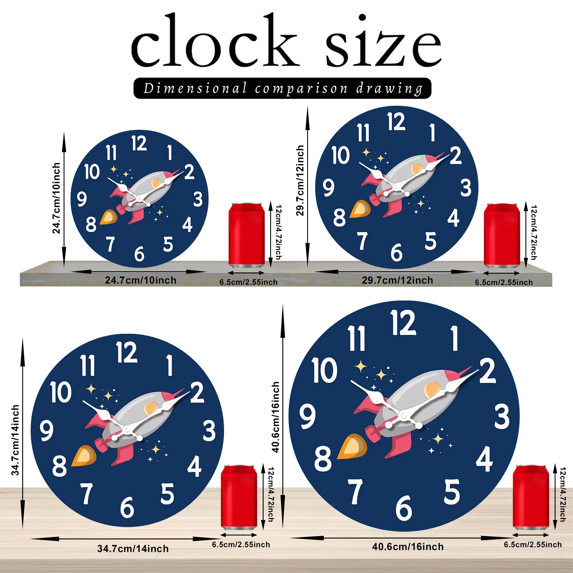 1pc 12 inch wooden wall clock, space rocket design cartoon wall clock, silent clock, suitable for living room bedroom, room deco