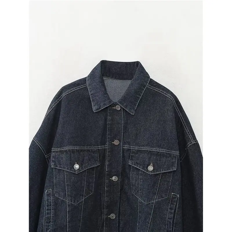CYL-طقم سترة نسائية عتيقة من قماش الدنيم بأكمام طويلة وسترة طية صدر السترة مع جينز عالي الخصر وواسع الساق مكون من قطعتين #3