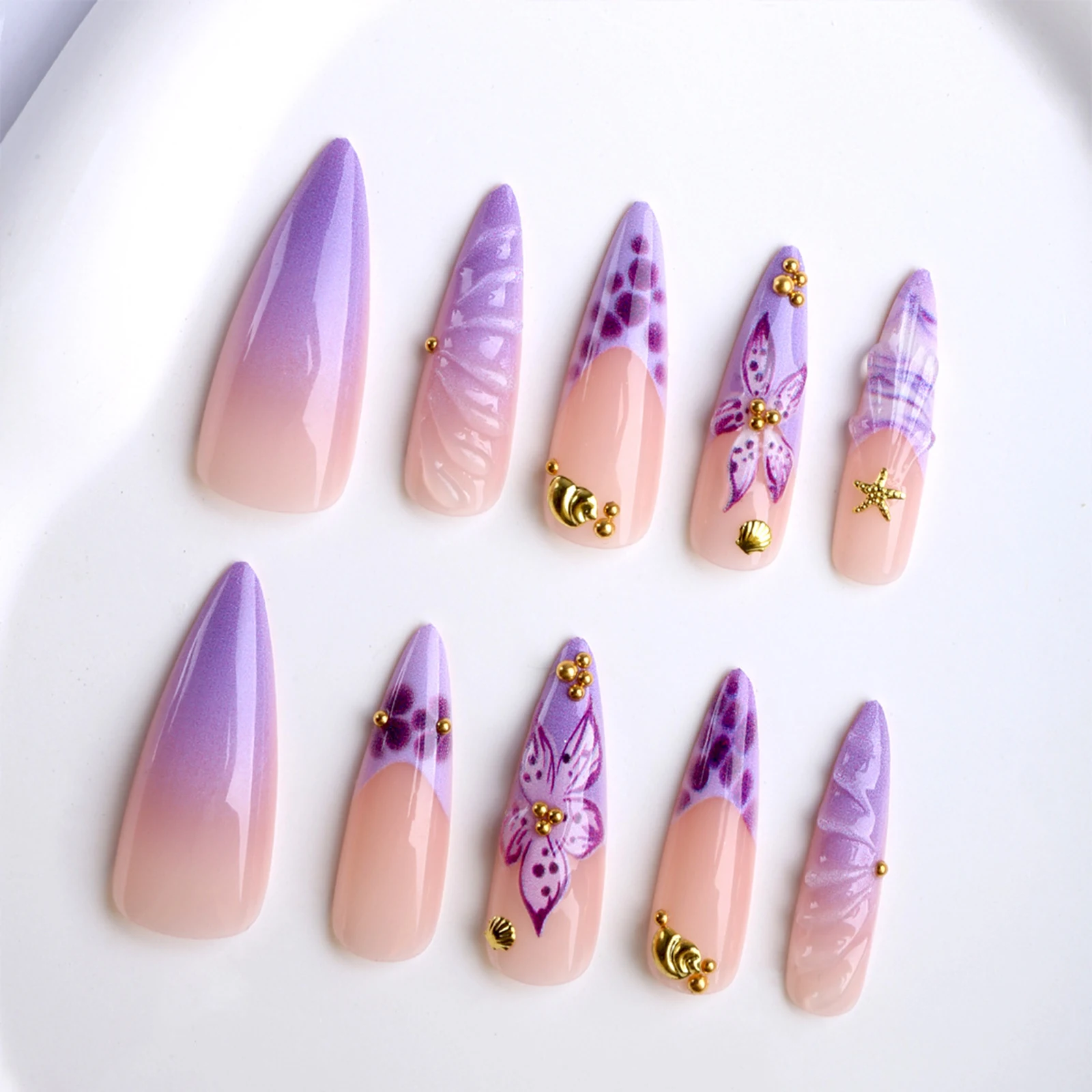 Lila Lange Stiletto Künstliche Nägel 24 Stück Französische Aufklebenägel mit Blumen/Sternen/Perlen-Dekor Sommer DIY Maniküre Acryl Falsche Nägel – Detail 7