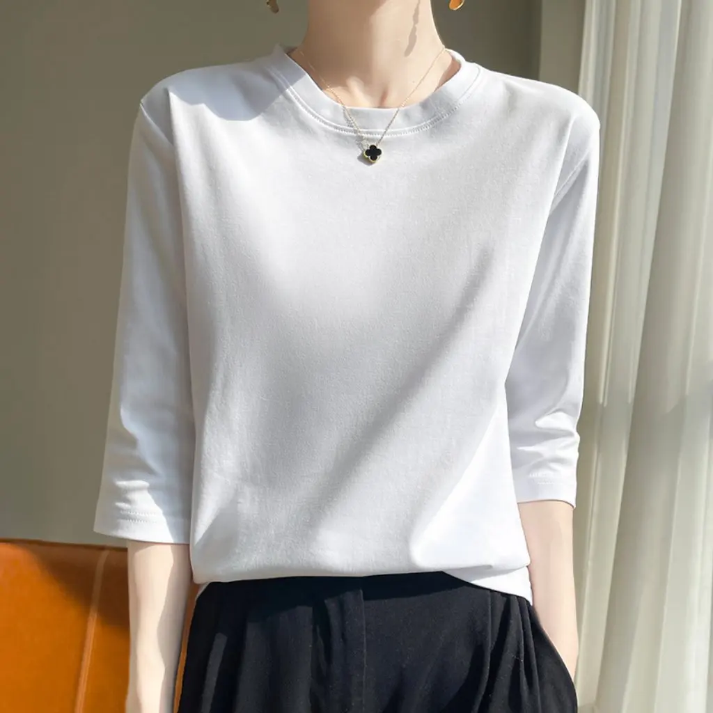 

Women's round Neck Mercerized Cotton T-Shirt 3/4 Sleeve Elegant All-Match Spring Summer Top Half Sleeve Thread Bottoming Shirt