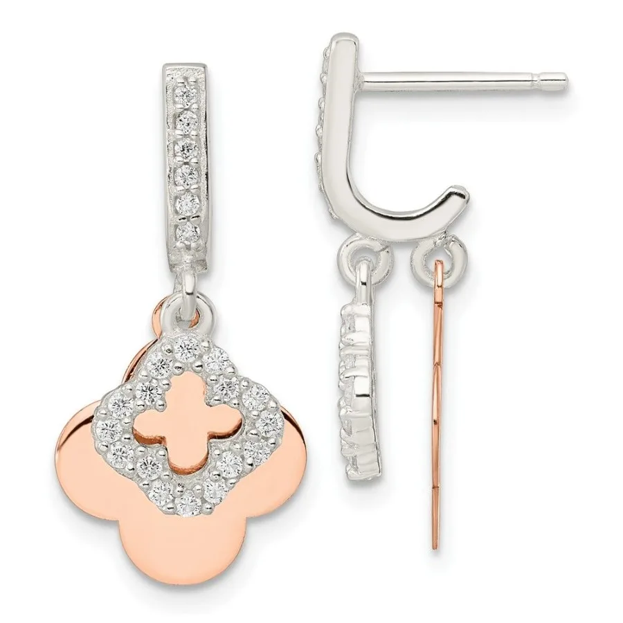 

Sterling Silver Rosetone Quatrefoil CZ Dangle Post Earrings