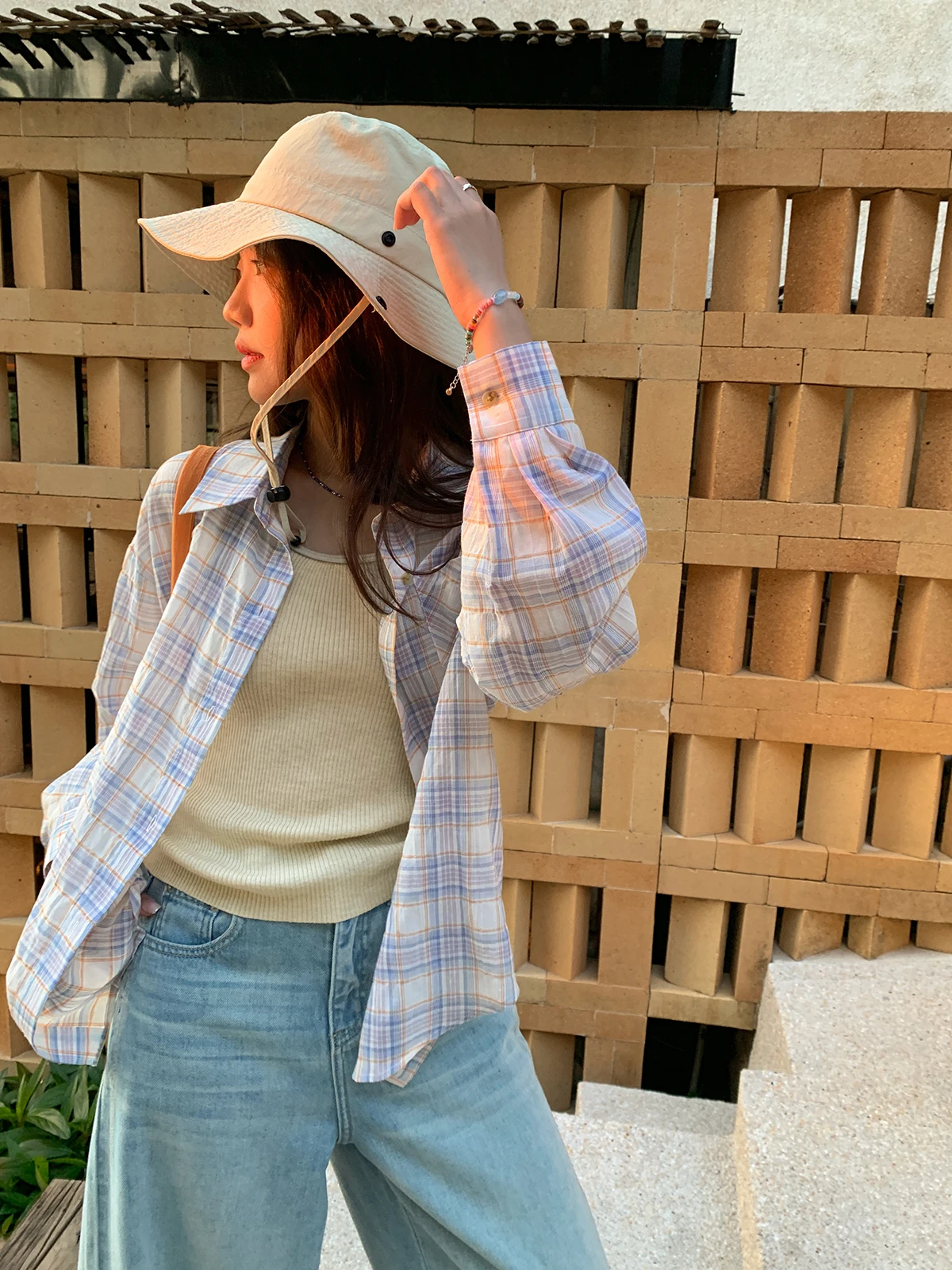 

Корейская свободная женская рубашка Sisilyon с защитой от солнца, в клетку, для комфортного отдыха, весна-лето, дышащая, хлопковая, с длинным рукавом