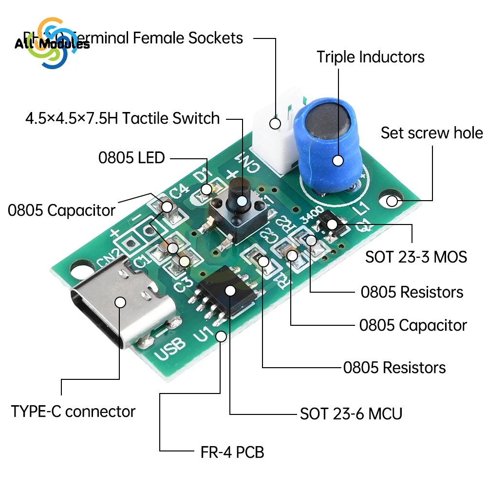 DC5V Ultrasonic Spray Humidifier Electronic Atomization Module Set Universal Humidification Module TYPE-C