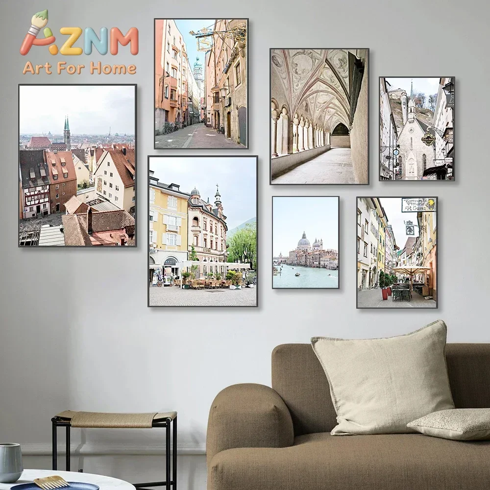 AZNM European City Landscape Canvas Wall Art Vintage Town Street Architecture Venice Building Scenery Frameless Print Poster for