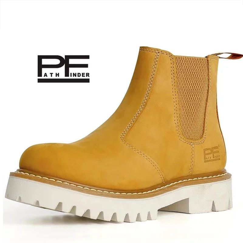 

Men's Genuine Leather Motorcycle Boots Chunky Women Chelsea Boots Round Toe Elastic Band Female Platform Shoes Handmade Yellow