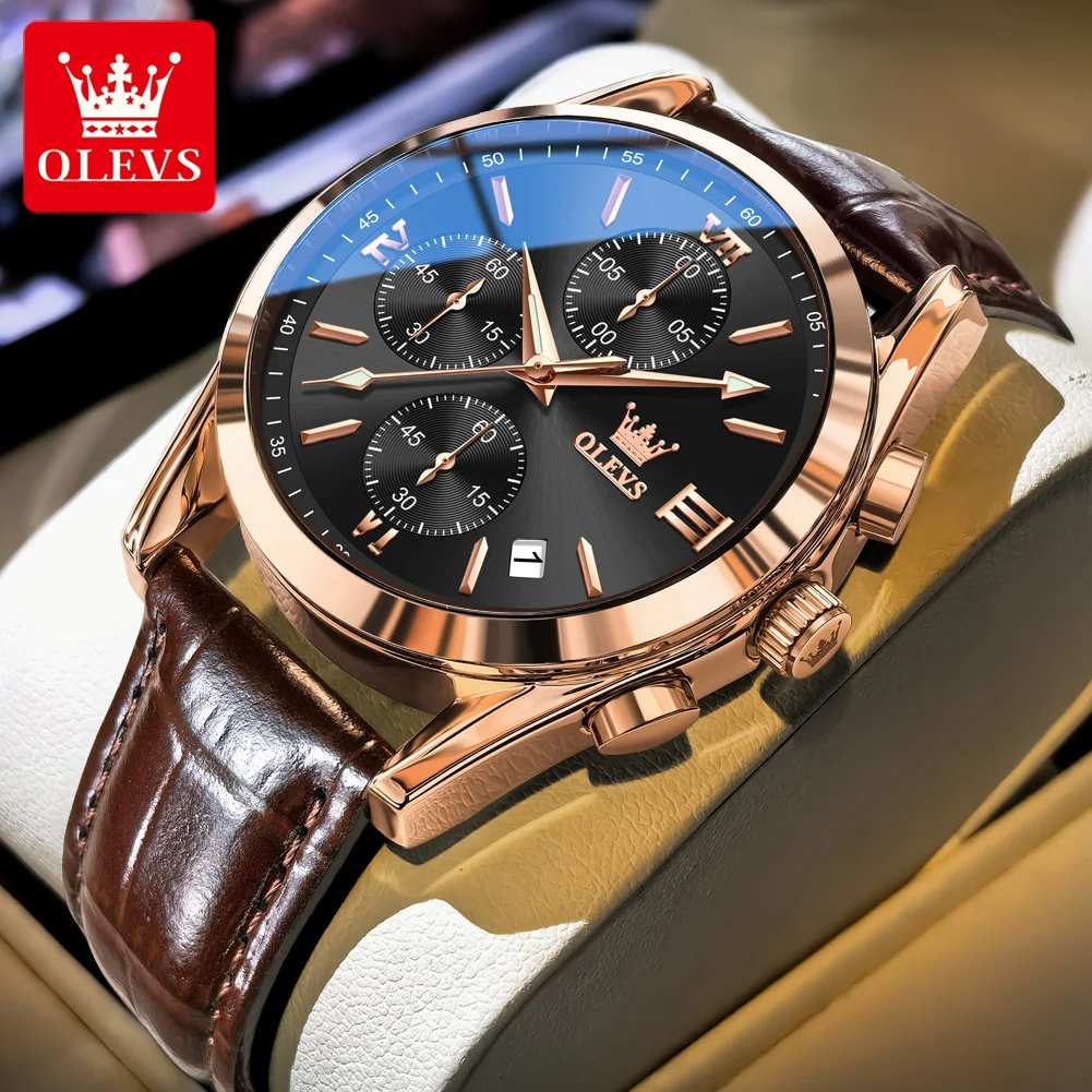 

OLEVS 2872 Chronograph Men's Watch Leather Strap Triple-Eye Timing Waterproof Luminous Original Quartz Calender Watch for Men
