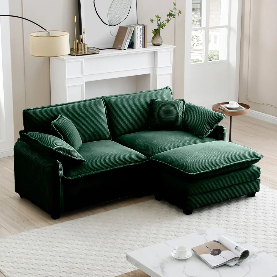 Zweisitzer-Sofa mit einer Fußstütze, L-förmiges 2-Sitzer-Sofa mit Ottomane für kleine Wohnräume, grüner Cord