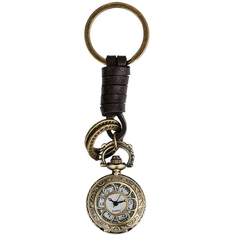 Bronze Mini Size Watch Hollow Out Flower Case Men Women Quartz Analog Pocket Watches with Key Ring Rope Arabic Number Clock