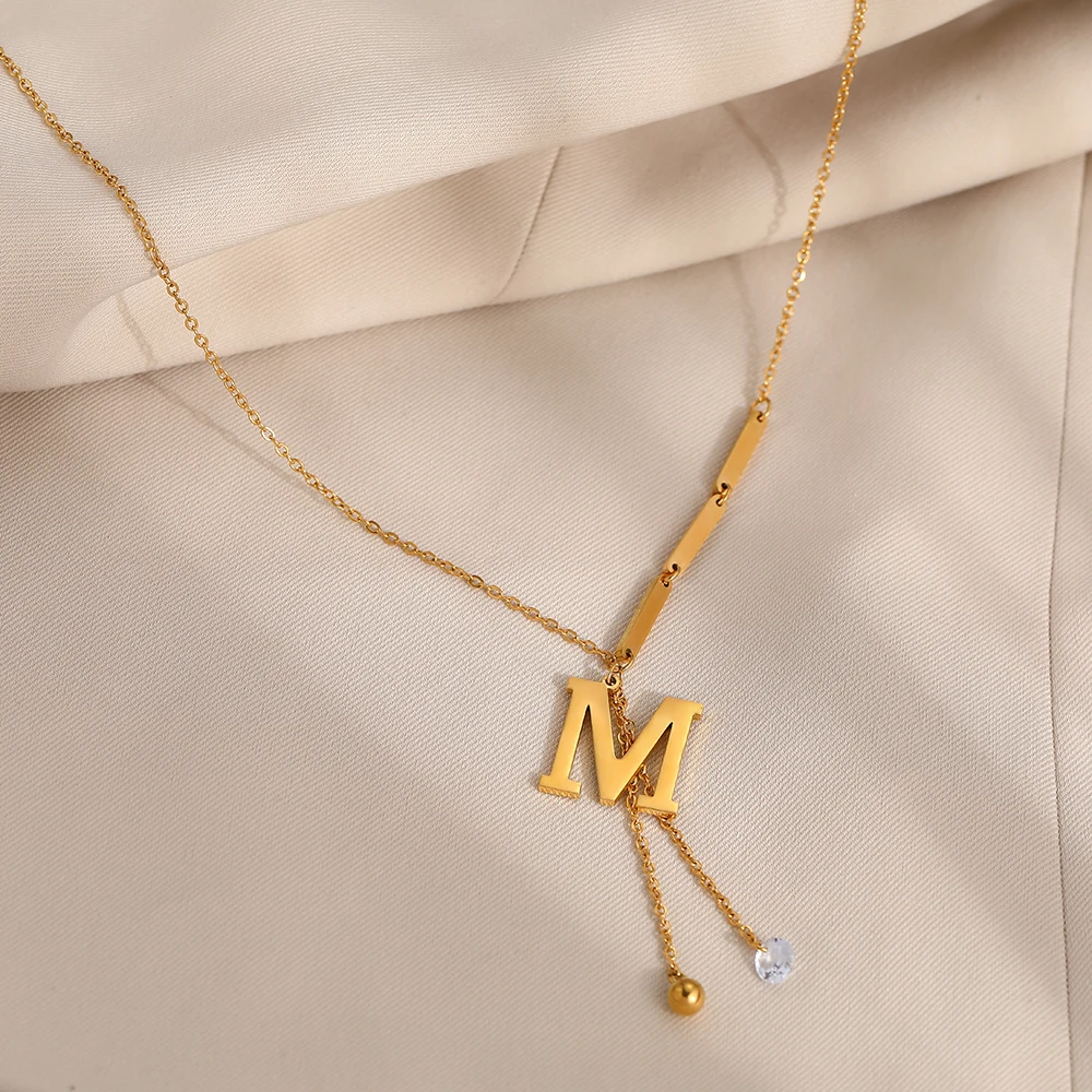 Stainless Steel Necklaces New Popular M Letter Pendants Tassel Zircon Fine Choker Chain Fashion Necklace For Women Jewelry Gift