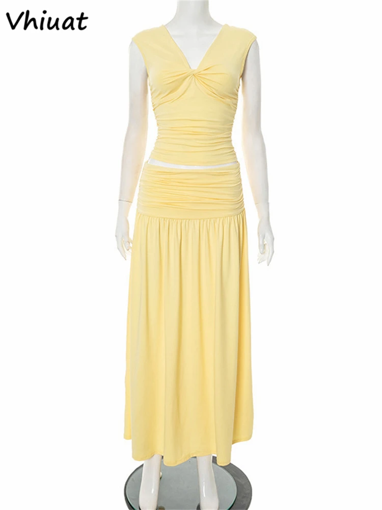 Vhiuat Vintage Elegantจีบกระโปรงผู้หญิงฤดูร้อน 2 ชิ้นชุดเสื้อกั๊กเสื้อY2Kยาวเอวสูงกระโปรงเซ็กซี่ชุด 2025