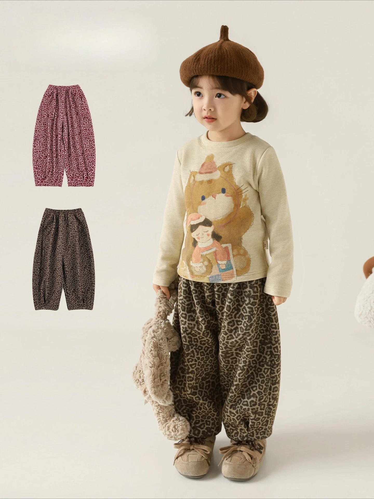 New 2025 Winter Girls Animal Print Fleece Lined Pants Wool-like Warm Fashion Loose Fit for 1-7 Years