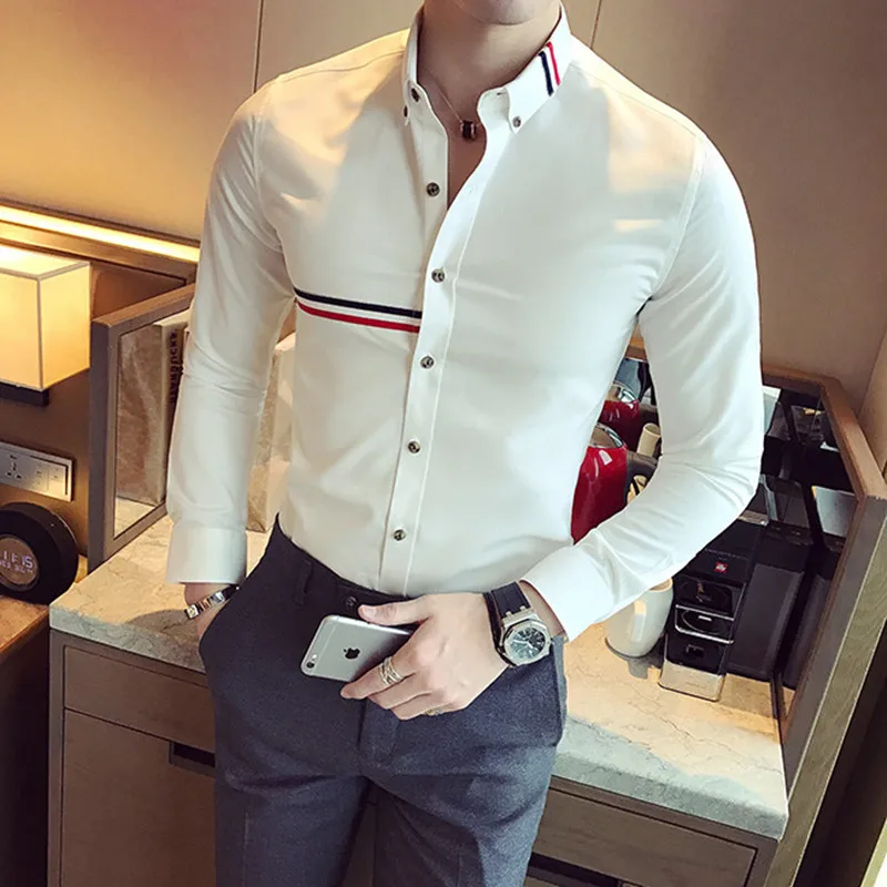 2022 Fashion Casual Color Stripes Webbing Decoration Shirts Men\'s Slim Fit Casual  Long Sleeve Dress Shirt Social Chemise Homme