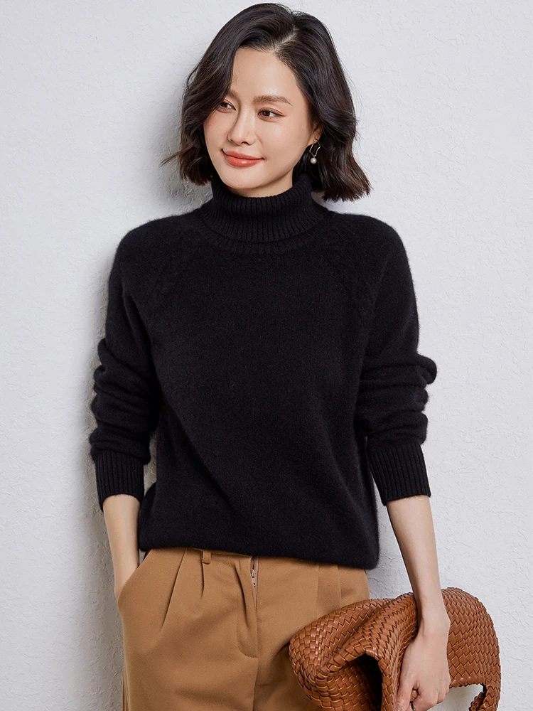 Turtleneck Thicken 100% Pure Woolen Sweater Women Lapel Knitted Pullover Casual Loose Jacquard Tops Autumn New High-Grade Jacket