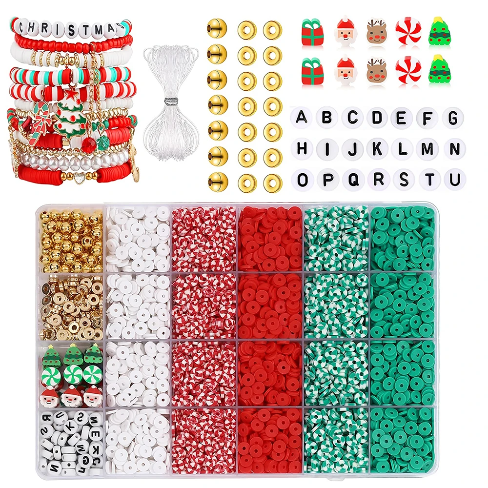 Christmas Polymer Clay Bead Kit - Flat Round & Alphabet Spacer Beads for DIY Jewelry Making, Includes Elastic Cord