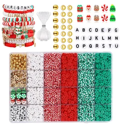 Christmas Polymer Clay Bead Kit - Flat Round & Alphabet Spacer Beads for DIY Jewelry Making, Includes Elastic Cord
