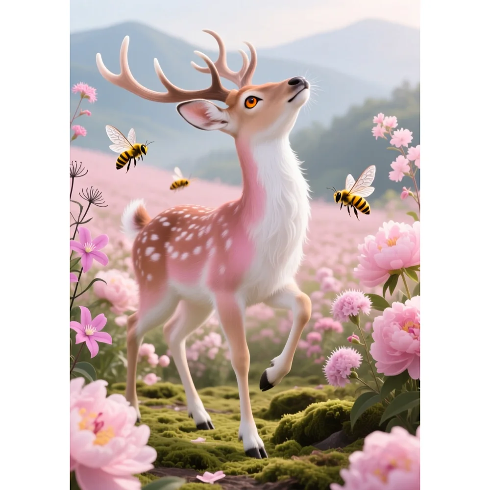 

Алмазная вышивка 5D с полным заполнением: Олень Сика, пчёлы, розовое цветочное поле, AB & FD, эффект сказочной пыли, DIY, изображение животных, для взрослых, декор для дома