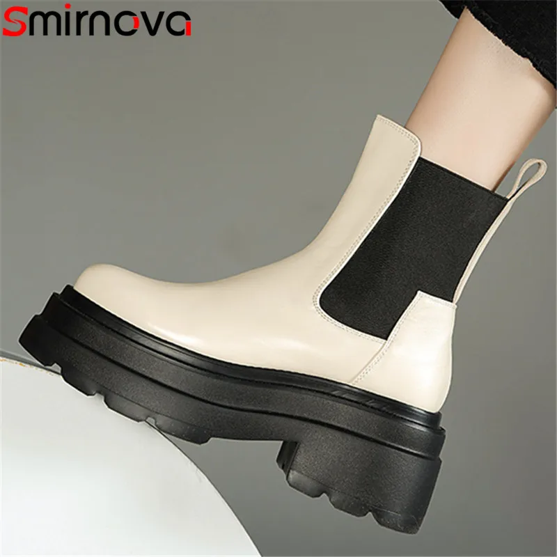 Smirnova-Botas Chelsea plataforma para mulheres, couro genuíno, slip-on, saltos altos quadrados, botins de tornozelo, cores misturadas, novo, 2023