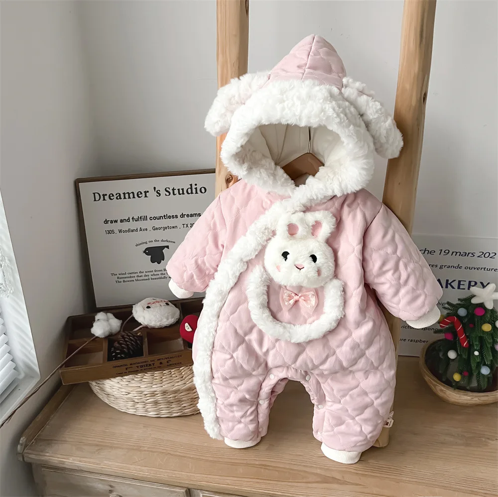 2024 Korean Winter Infant Girls Jumpsuit Cartoon Rabbit Hairy Plus Thick Baby Girls Outerwear Parkas Newborn Girls Onesies