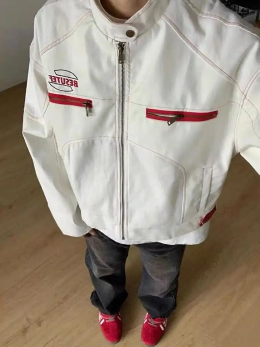 

American Sle PU Leather Motorcycle Jaet Men's Spring Autumn Loose Versatile Design Sensation Casual Long Sve Zipper