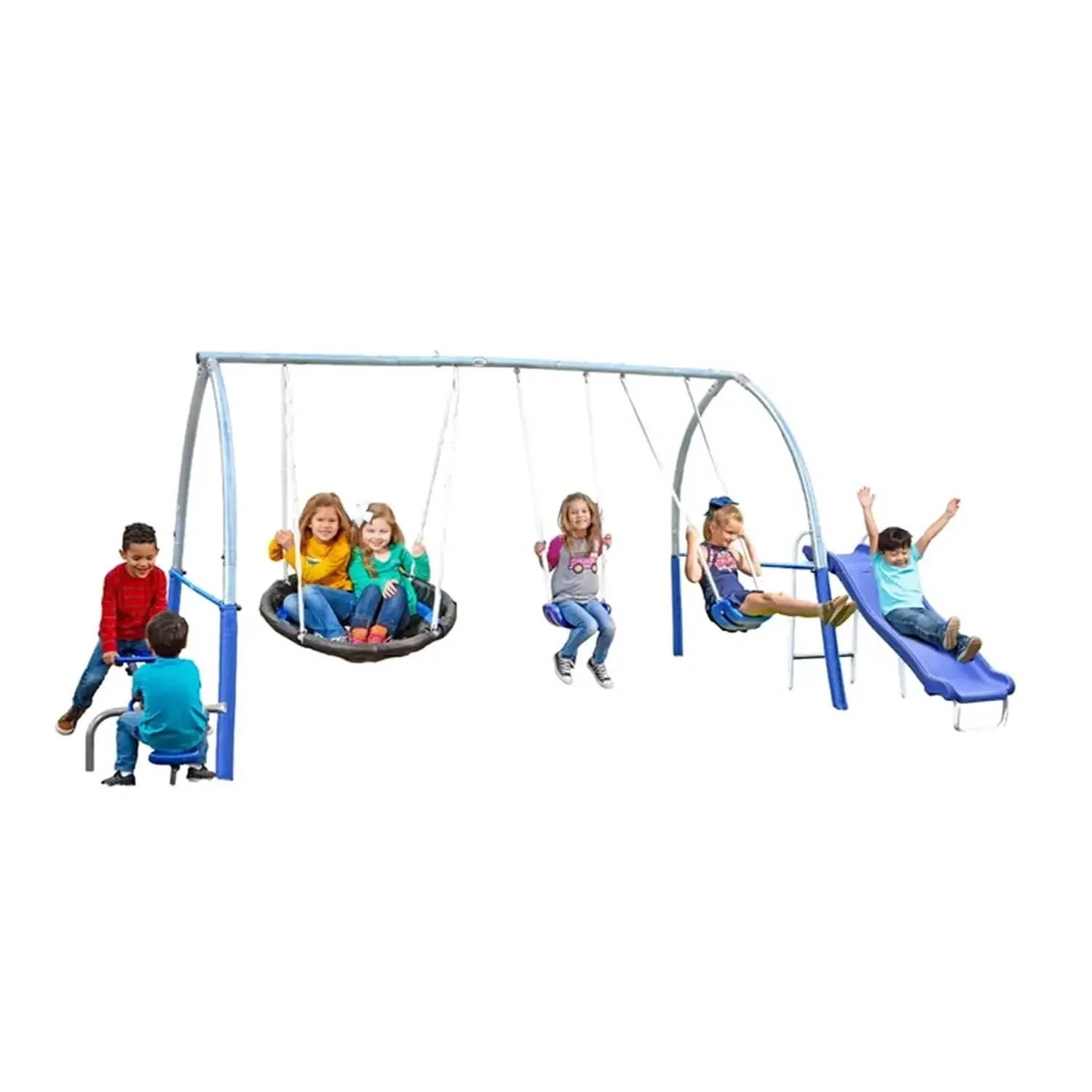 HOT Gateway Safe-Arch Metal Swing Set for Backyard Play, Silver and Blue - Includes Seesaw, SuperDisc Swing, 2 Swing Seats