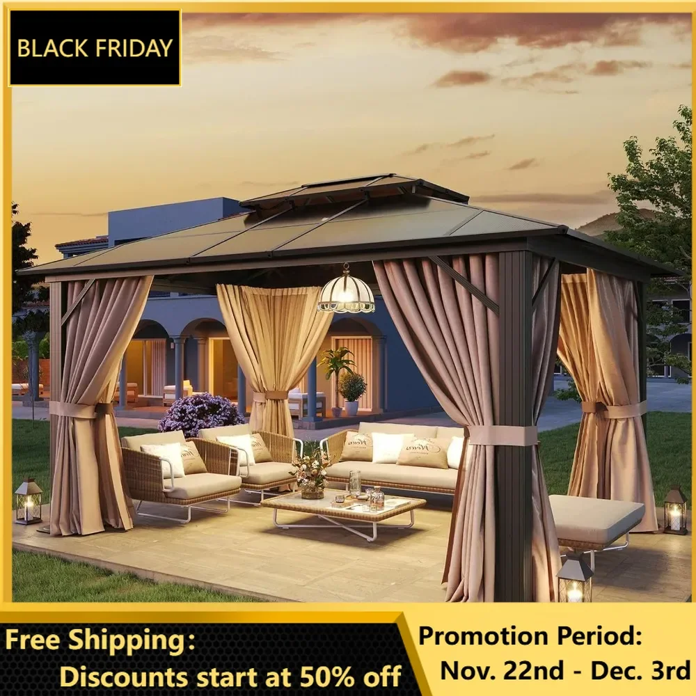 10x12 HardTop Pavilion Aluminum Framed Permanent Pavilion with Curtainsandmesh Outdoor Polycarbonate Pavilion Double Roof Gazebo