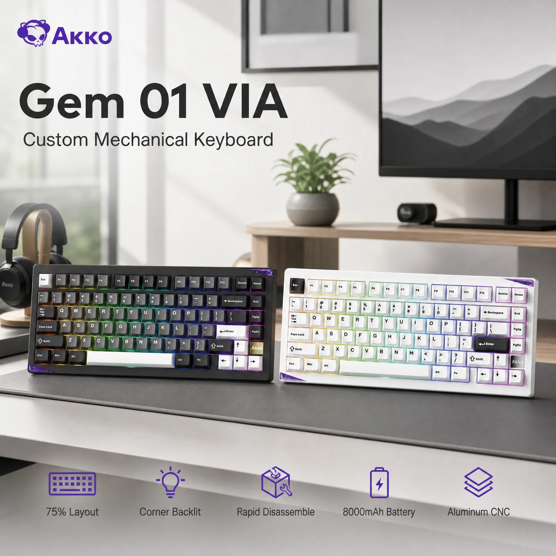 Akko Keyboard Gem 01 VIA Mechanical 75% 81Keys Layout RGB Tri-mode Rapid Disassemble Gasket  Aluminum CNC Custom Gaming Keyboard