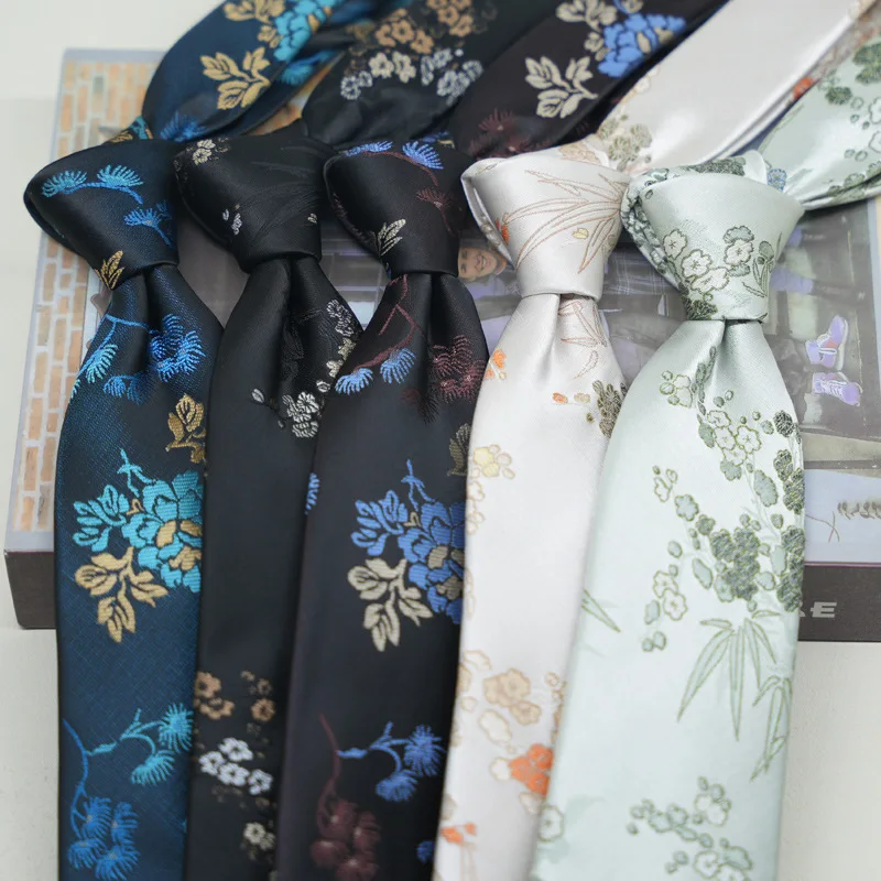 Men's Chinese Style Tie Bamboo & Peach Blossom Pattern Vintage Jacquard Necktie Elegant Dark Suit Accessory for Wedding Business