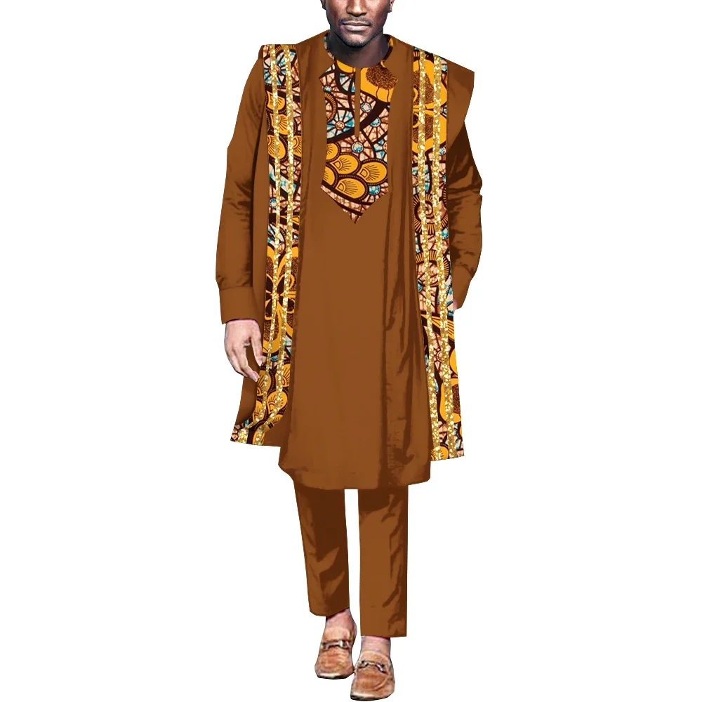 African Clothes for Men Dashiki Agbada Robe Suits 3 Pcs Set Loose Coat Shirt and Pant Patchwork Men African Style Outfit WYN1848