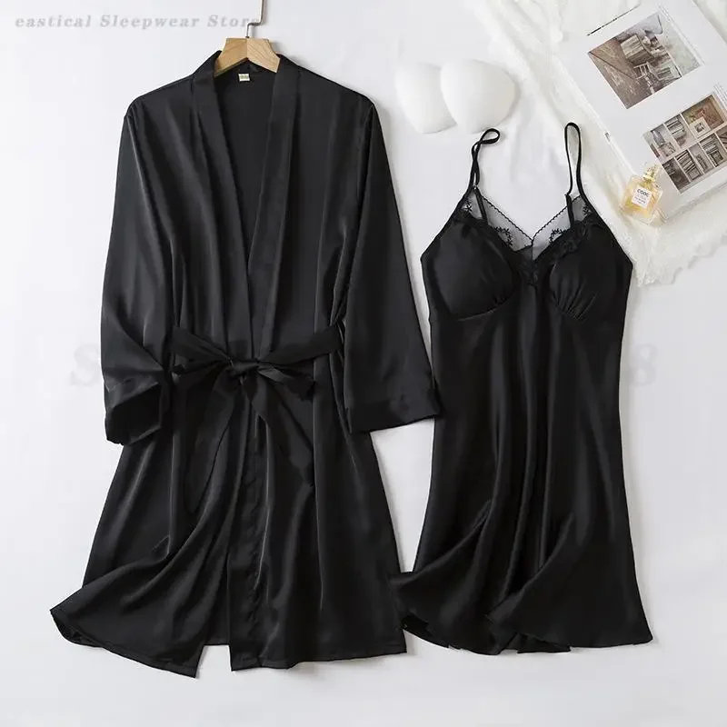 Pink Robe Nightgown Set Bride Wedding Sleepwear Sexy Kimono Bathrobe Gown Lace Chemise Nightdress Lingerie Rayon Homewear 4