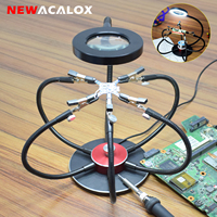 NEWACALOX Soldering Helping Hands Third Hand Tool 5Pcs Flexible Arms with 3X LED Magnifying Glass 360° Rotating Base PCB Holder